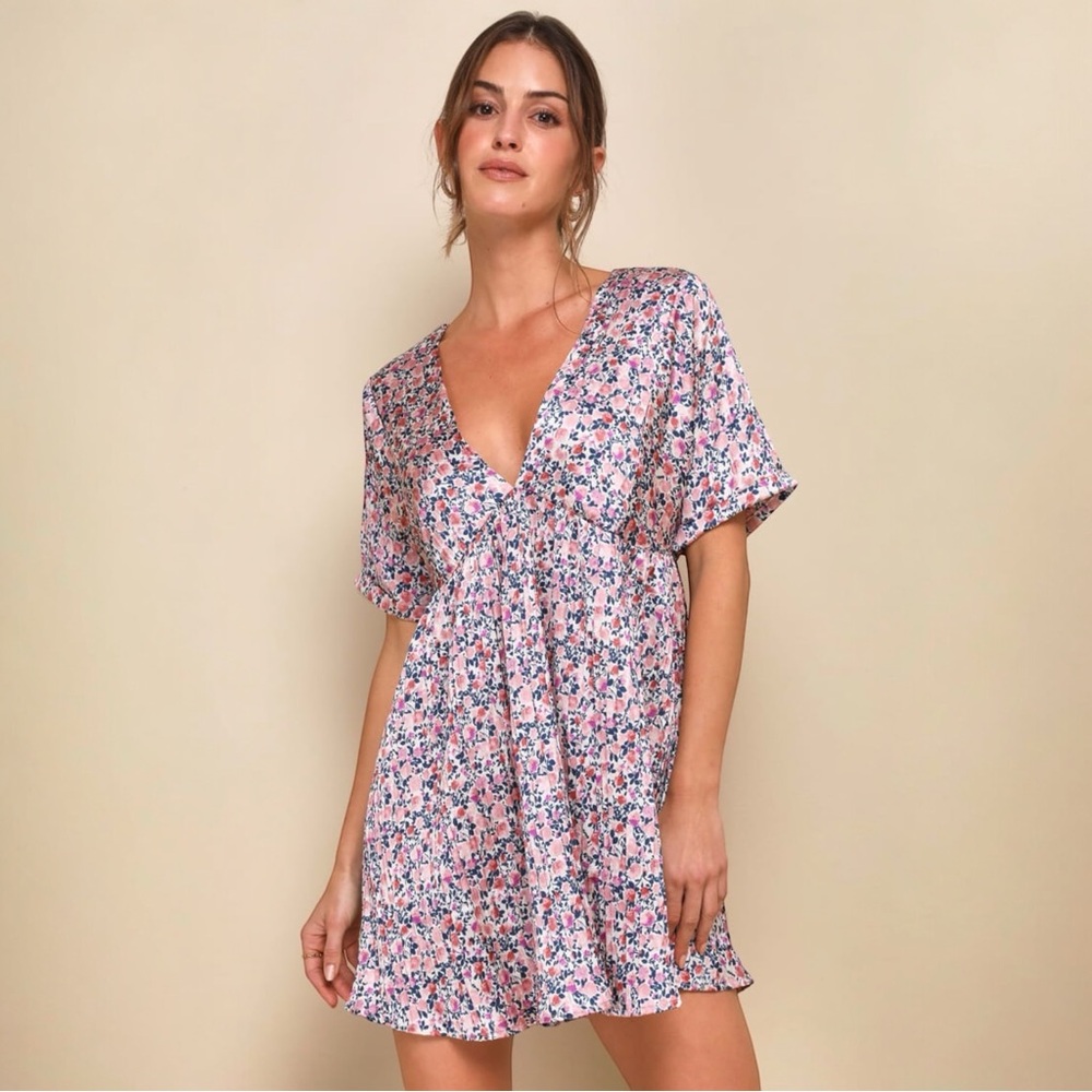 New Lulus Women Express Yourself Blush Pink Floral Print Satin Babydoll Dress XL